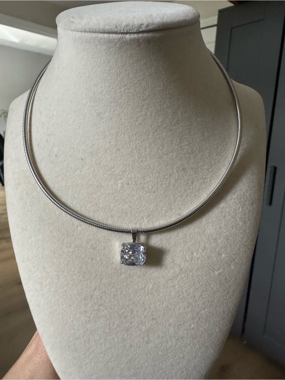 Silver Square-Cut Crystal Pendant Necklace